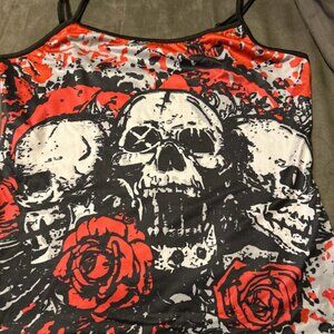 Skull and Roses Print Red & Black Skater Grunge Emo Goth Spaghetti Strap Medium